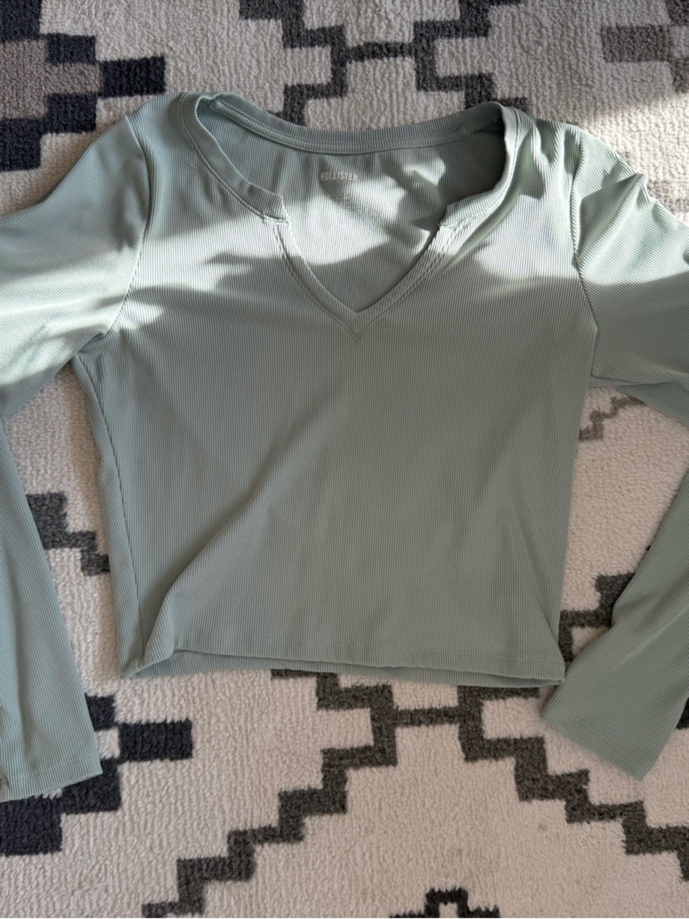 Hollister Light Sage Ribbed V-Neck Long Sleeve Top